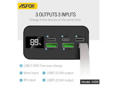 Aspor 30000mAh 22.5W PD Fast Charging Power bank A306