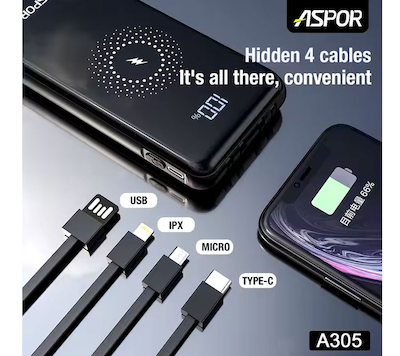 پاوربانک شارژ بی سیم 10000 میلی آمپر ASPOR A305