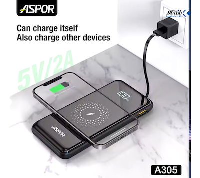 پاوربانک شارژ بی سیم 10000 میلی آمپر ASPOR A305