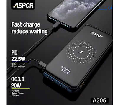 پاوربانک شارژ بی سیم 10000 میلی آمپر ASPOR A305